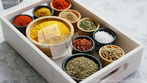 Image of Wooden box with assortment of spices