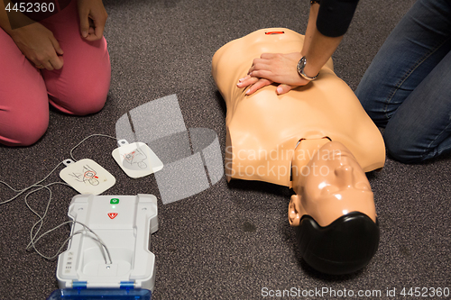 Image of First Aid Training. Defibrillator CPR Practice