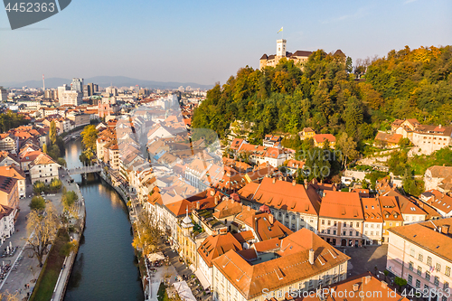 Image of Cityscape of Ljubljana, capital of Slovenia in warm afternoon sun.