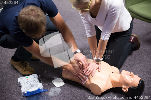Image of First aid cardiopulmonary resuscitation course using automated external defibrillator device, AED.