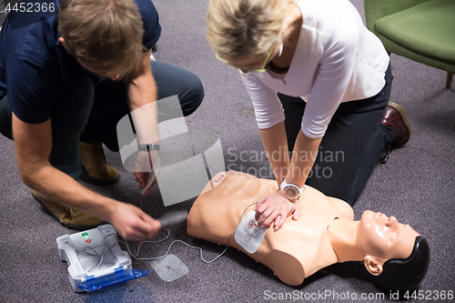 Image of First Aid Training. Defibrillator CPR Practice