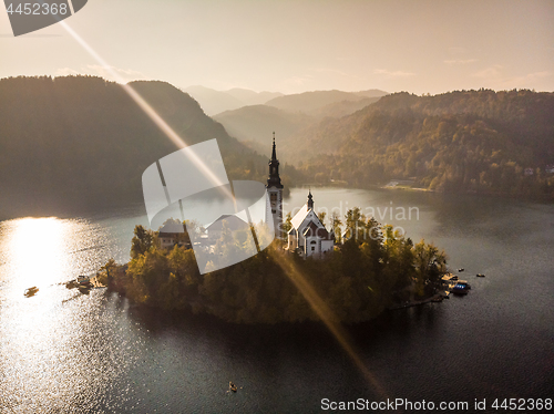 Image of Aerial view of island of lake Bled, Slovenia.