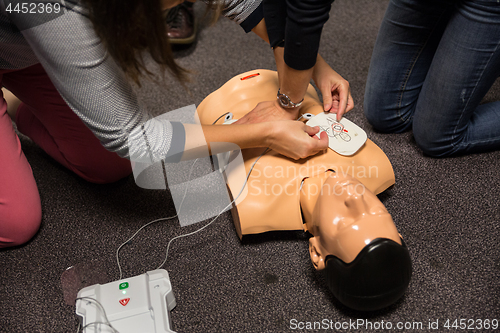 Image of First Aid Training. Defibrillator CPR Practice