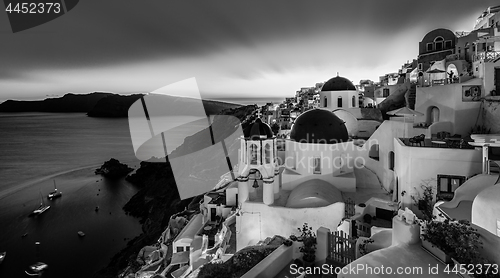 Image of Traditional greek village of Oia in black and white, Santorini island, Greece.