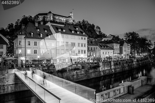 Image of Evening panorama of riverfront of Ljubljana, Slovenia.