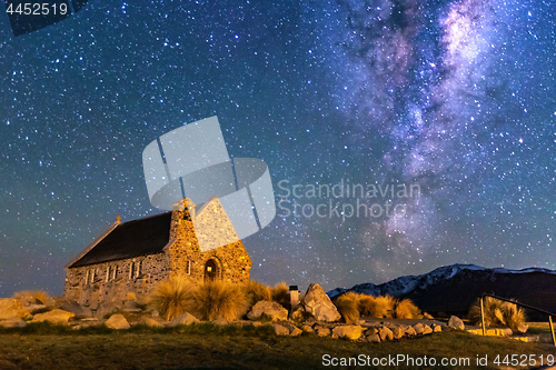 Image of Milky way over Church of Good Shepherd, Lake Tekapo, New Zealand