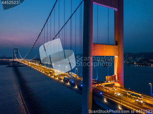 Image of Tsing Ma Bridge at sunset in Hong Kong.