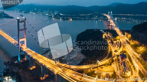 Image of Tsing Ma Bridge at sunset in Hong Kong.