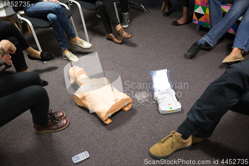 Image of Instructor teaching first aid cardiopulmonary resuscitation course and use of automated external defibrillator on CPR workshop.