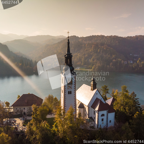 Image of Aerial view of island of lake Bled, Slovenia.