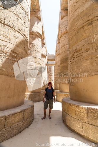 Image of Male Tourist at Temples of Karnak, ancient Thebes in Luxor, Egypt