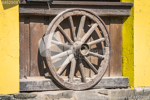 Image of Wooden wheel from a prairie wagon