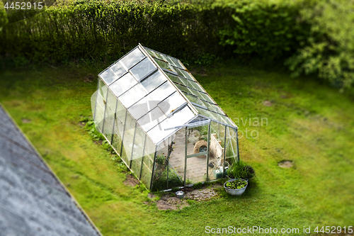 Image of Green house with glass windows on a green lawn