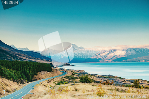 Image of Road to Mt Cook, the highest mountain in New Zealand. 