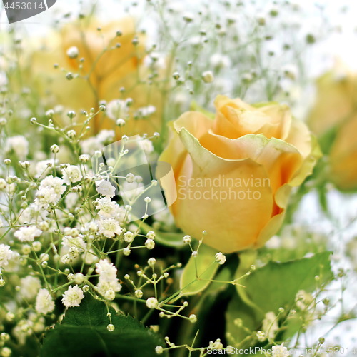 Image of Beautiful bouquet of yellow roses and white little flowers with blur background
