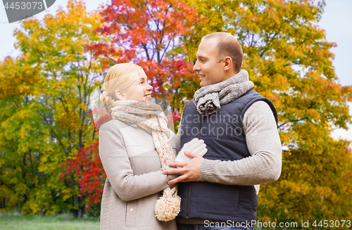 Image of smiling couple leaves in autumn park