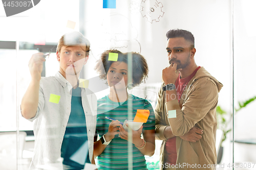 Image of creative team working with glass board at office