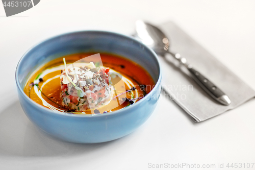 Image of close up of vegetable soup in bowl