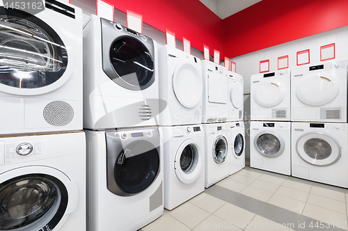 Image of washing mashines in appliance store