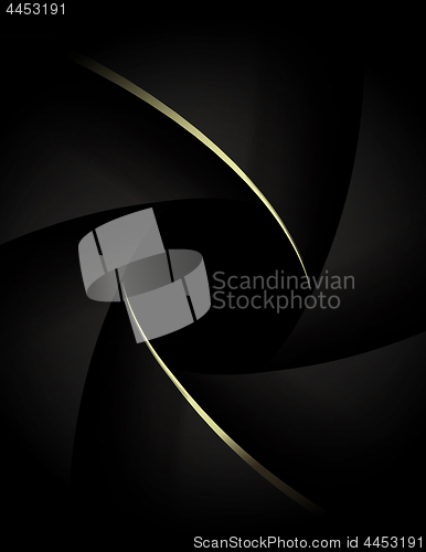 Image of Camera lens close up with golden shutter blades. Wedding photography or videography concept. Gold on black