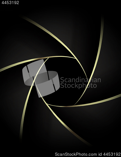 Image of Camera lens close up with golden shutter blades. Wedding photography or videography concept. Gold on black