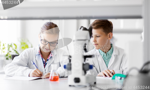 Image of kids studying chemistry at school laboratory