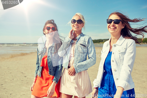 Image of group of smiling young female friends on beach