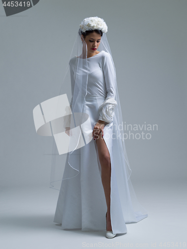 Image of young bride in a wedding dress with a veil