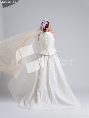 Image of Rear view of a beautiful young woman in a wedding dress