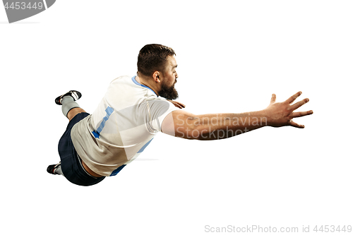 Image of The silhouette of one caucasian rugby man player isolated on white background