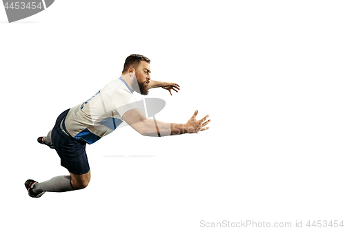 Image of The silhouette of one caucasian rugby man player isolated on white background