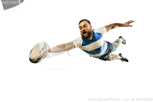 Image of The silhouette of one caucasian rugby man player isolated on white background