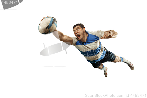 Image of The silhouette of one caucasian rugby man player isolated on white background