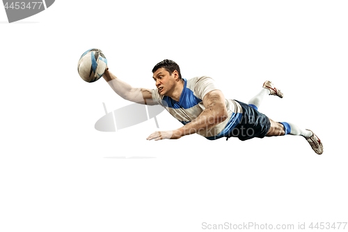 Image of The silhouette of one caucasian rugby man player isolated on white background