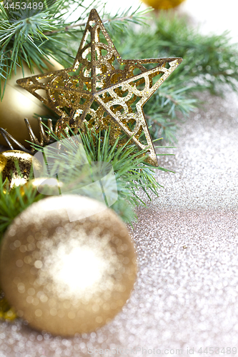 Image of Christmas decorations and evergreen fir tree.