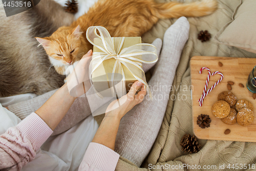 Image of close up of female hands holding christmas gift