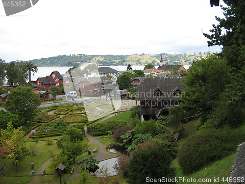 Image of View of lakefront town in South America.