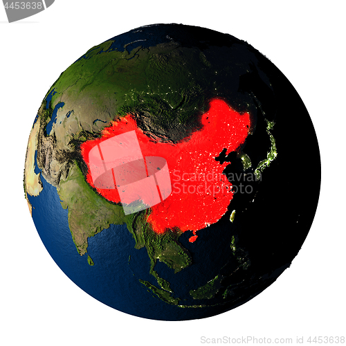 Image of China in red on Earth isolated on white