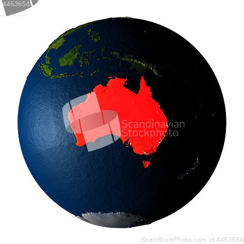 Image of Australia in red on Earth isolated on white