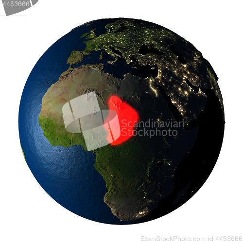 Image of Chad in red on Earth isolated on white