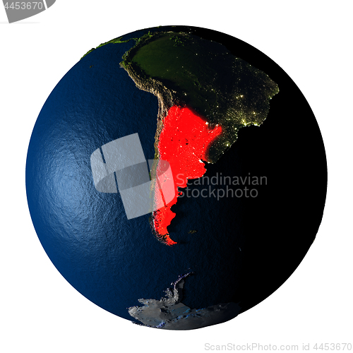 Image of Argentina in red on Earth isolated on white