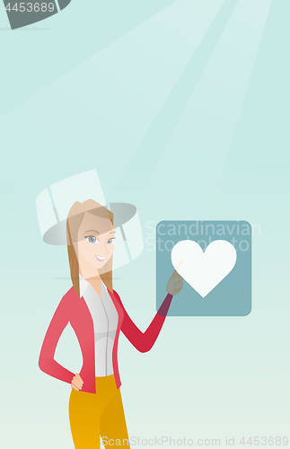 Image of Young woman pressing heart shaped button.