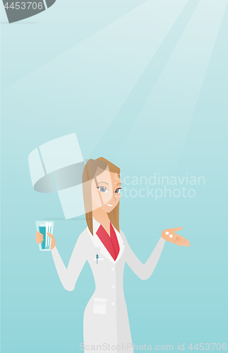 Image of Pharmacist giving pills and a glass of water.