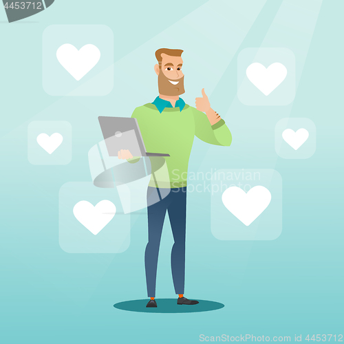 Image of Man with laptop and heart icons.