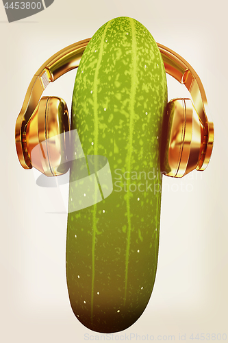 Image of cucumber with headphones on a white background. 3d illustration.