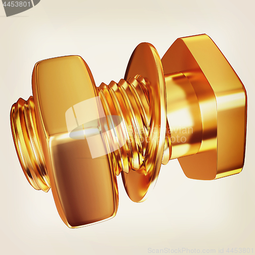 Image of Gold Bolt with nut. 3d illustration. Vintage style