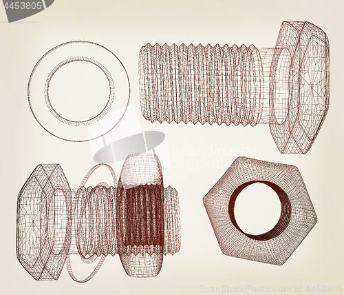 Image of Screws and nuts set. 3d illustration. Vintage style