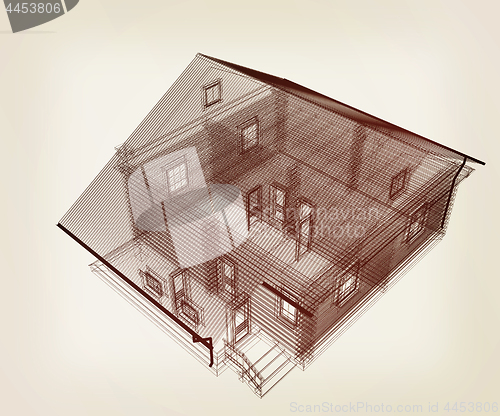 Image of line drawing of house. Top view. 3d illustration. Vintage style