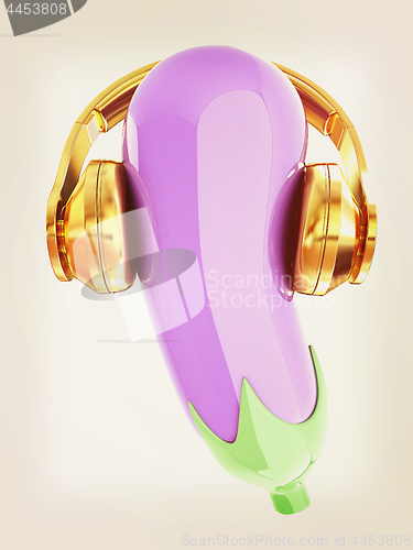 Image of eggplant with headphones on a white background. Eggplant for far