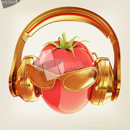 Image of tomato with sun glass and headphones front \"face\" on a white bac